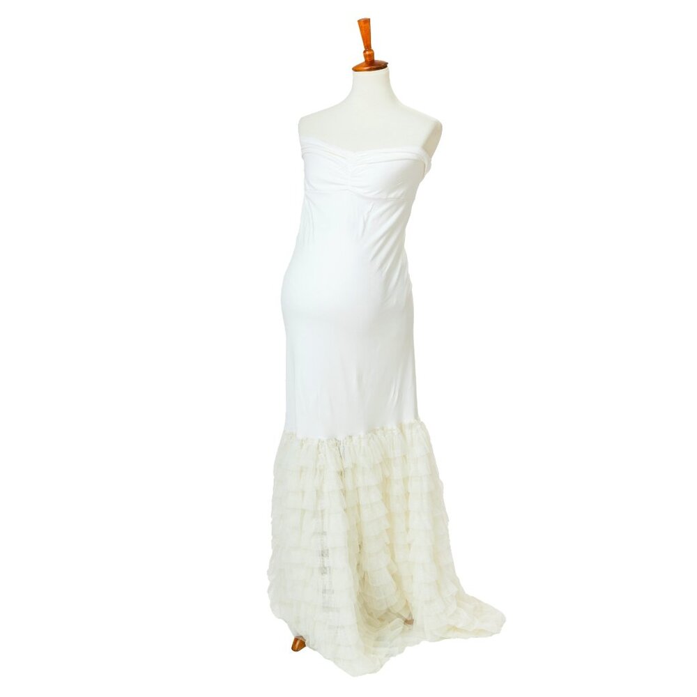 White sleeveless frill maternity gown -